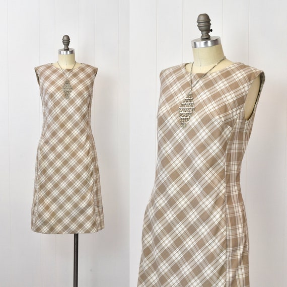 1960s Plaid Light Brown Mod Shift Scooter Dress - image 1