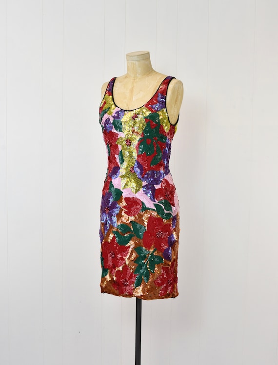 1980s/1990s Floral Sequin Beaded Colorful Party C… - image 3