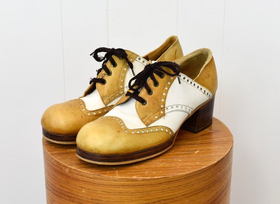 1970s Groovy Platform Leather Wood Mustard Oxford… - image 5