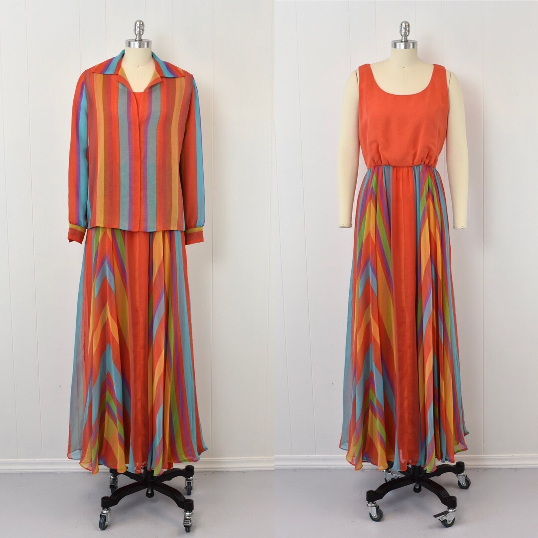 1970s Rainbow Stripe Tie Belt Maxi Dress | M/L