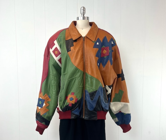 1990s Marc Buchanan Pelle Pelle Leather Crazy Colorful Patchwork Jacket