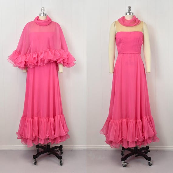 1970s Lillie Rubin Hot Pink Chiffon Ruffle Party Maxi Dress Gown with Capelet Matching Two Piece Set