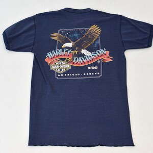1980s Harley Davidson Motorcycle Atlanta Georgia Dealership Blue Polo Button Shirt with Eagle