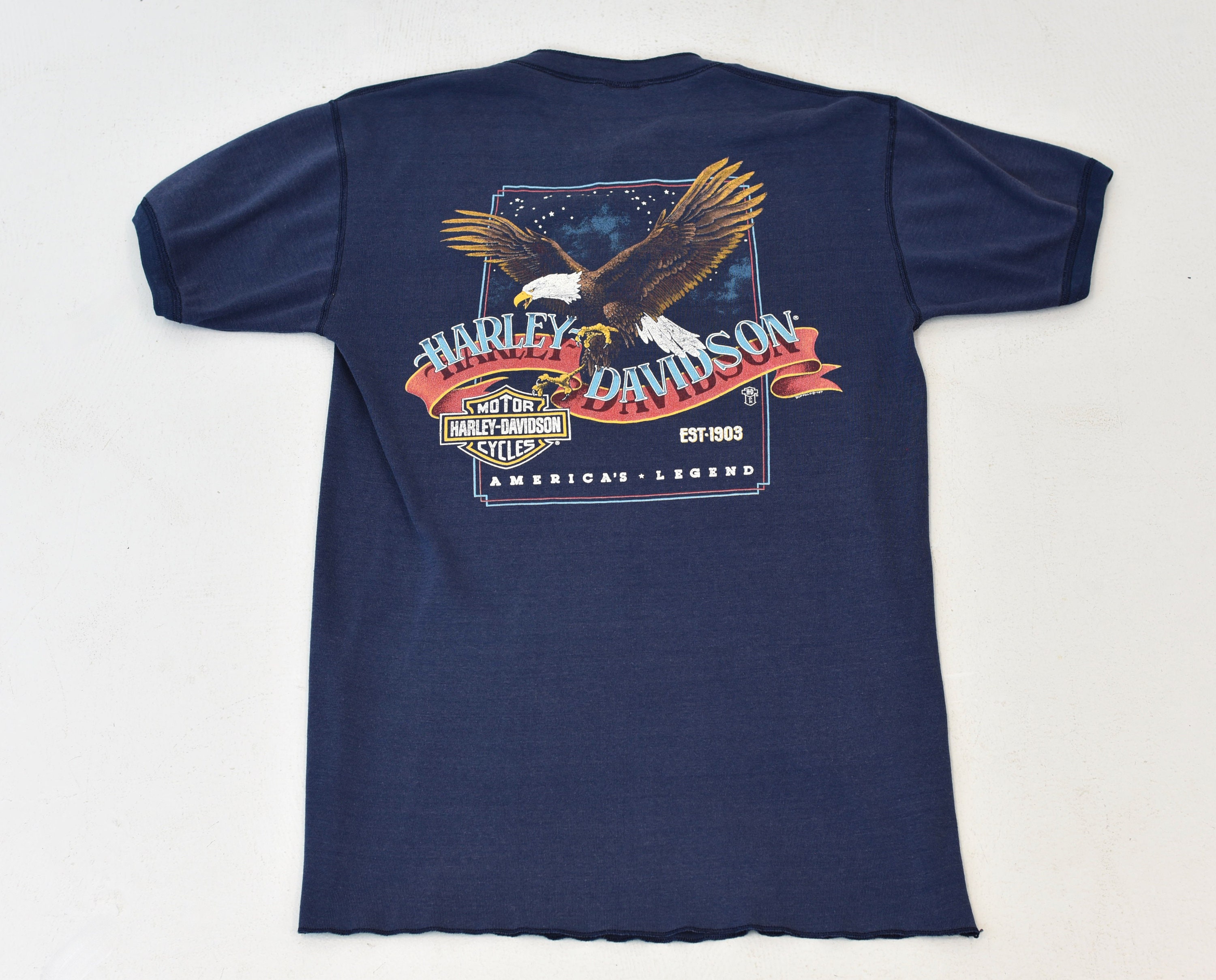 80s Harley Davidson Tシャツ イーグル 1980s Harley Davidson Motorcycle Atlanta Georgia Dealership Blue