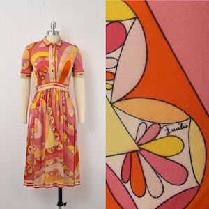 1960s Emilio Pucci Pink Orange Psychedelic Printed Silk Short Sleeve Dress Wounded As Is