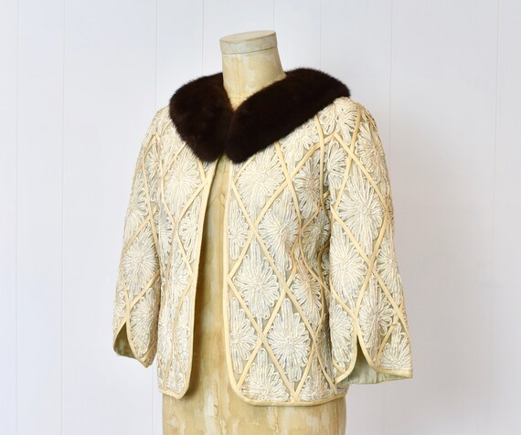 1950s Ribbon Floral Ivory Mink Fur Collar Bolero … - image 4