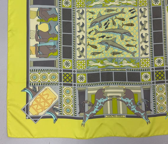 Vintage 2003 Hermes Les Secrets de Minos Greek Mythology Aquatic Sophie Koechlin Neon 90cm Scarf Carré View 6