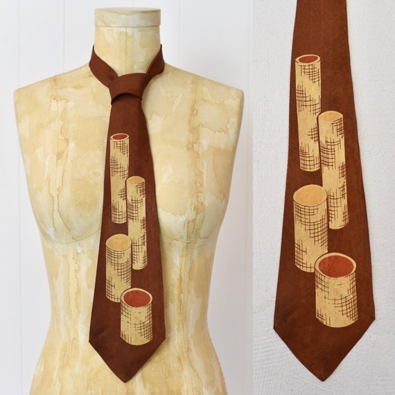 1940s Tiki Style Novelty Print Brown Neck Tie - image 1