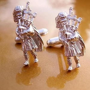 One Pair Sterling Silver Scottish Bagpiper Cufflinks In Presentation Box