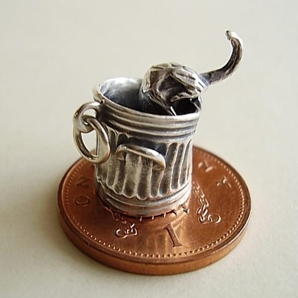 Sterling Silver Moving Cat In Garbage Can - Bin Charm