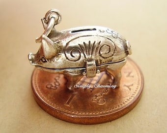 Sterling Silver Opening Piggy Bank - Paper Clip / Button Charm