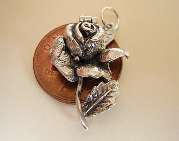 Rose with Stem and Leaves Charm Sterling Silver, Made in the USA Rose with Stem and Leaves Charm Sterling Silver, Made in the USA