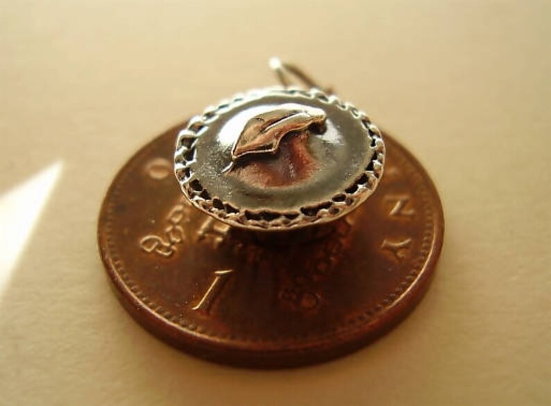 May include: Silver charm in the shape of a pie with a crust and a single cherry on top. The charm is sitting on a copper-colored coin.