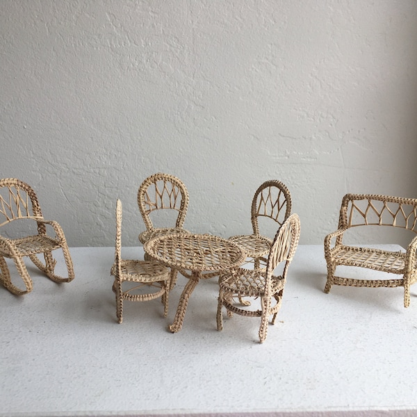 Vintage Miniature Doll House Furniture: 1970s Wicker 7 Piece Garden Patio Set