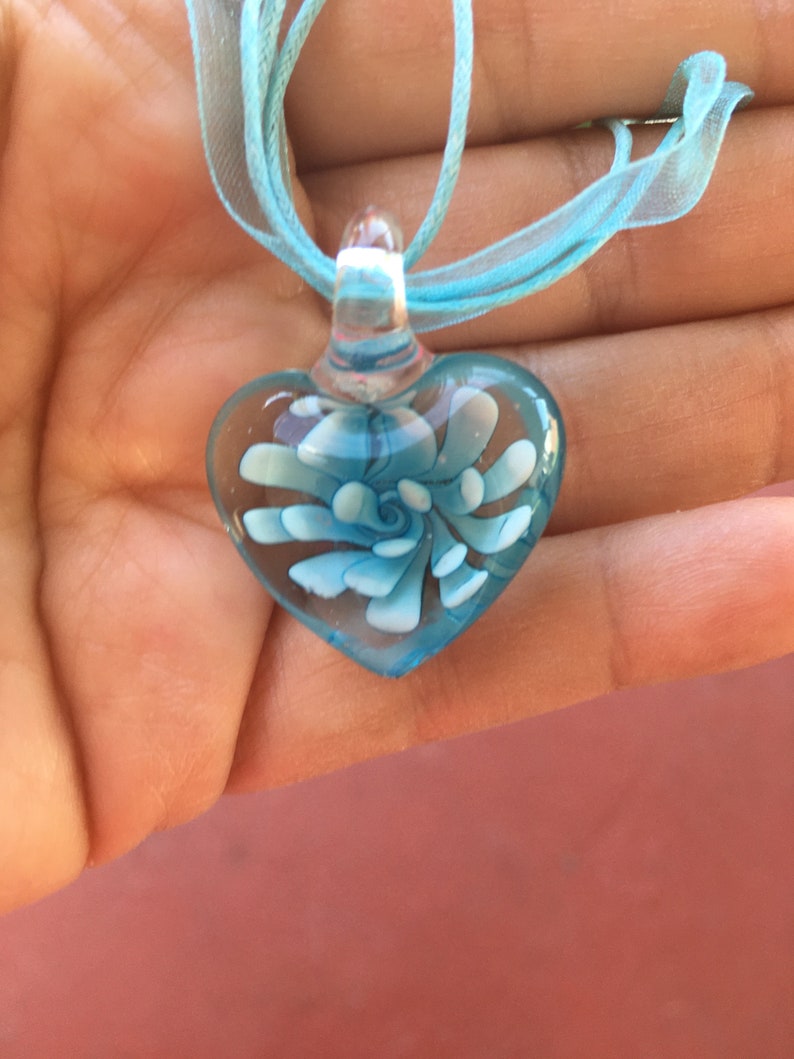 Glass Blue Heart Pendant With Blooming Light Blue Flower