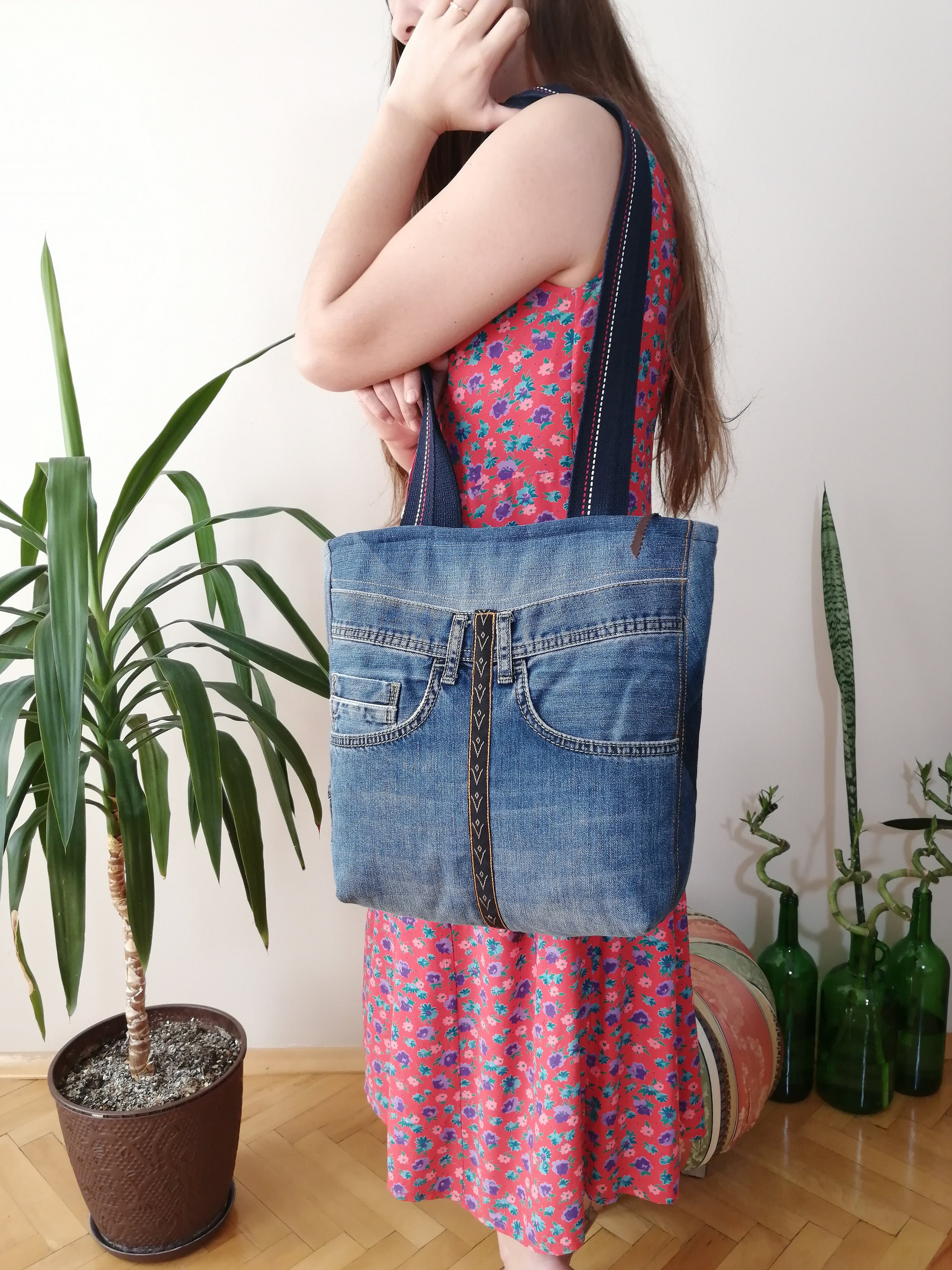 Crazy Recycled Bag Zipped Tote Bag Denim Handbag Everyday - Etsy