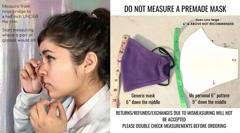 Op de afbeelding: Een paarse stoffen mondkapje met een meetlint dat aangeeft dat het 6 inch in het midden meet. Ernaast is een wit stoffen mondkapje patroon afgebeeld met een meetlint dat aangeeft dat het 9 inch in het midden meet. De tekst "MEET GEEN GEKLARE MONDKAPJES" staat bovenaan de afbeelding. De tekst "Maten vallen groot uit - 6" & GROTER WORDT NIET AANBEVOLEN" is ook opgenomen. De tekst "TERUGZENDINGEN/TERUGBETALINGEN/RUILINGEN WEGENS VERKEERDE METINGEN WORDEN NIET GEACCEPTEERD" staat onderaan de afbeelding. De tekst "CONTROLEER DE METINGEN DUBBEL VOOR U BESTELT" is ook opgenomen.