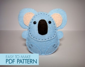 Easy to sew felt PDF pattern. DIY Benji the Koala, finger puppet and ornament.