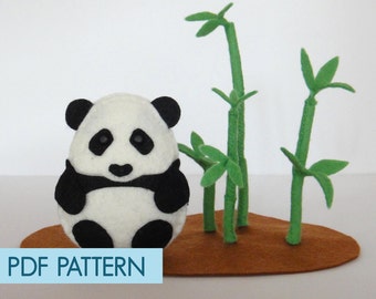 PDF pattern. DIY Paco the Panda with Bamboo, finger puppet, ornament. Felt sew