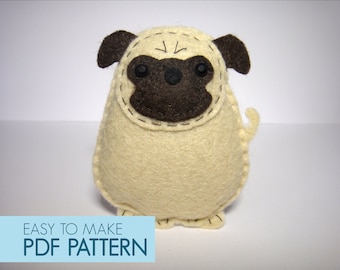 Easy to sew felt PDF pattern. DIY Harold the Pug, finger puppet and ornament.