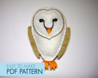 Easy to sew felt PDF pattern. DIY Vincent the Barn Owl, finger puppet and ornament.