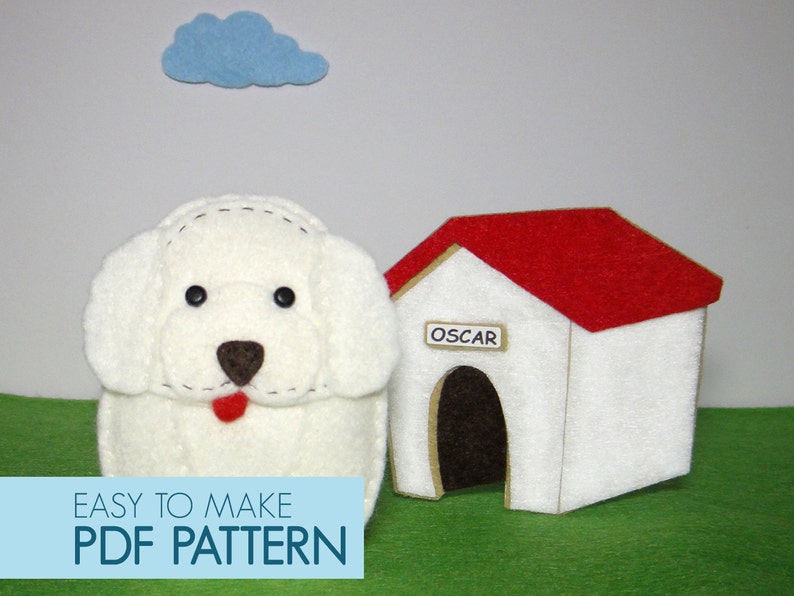 Easy to sew felt PDF pattern. DIY Oscar the Poodle & Kennel, finger puppet or ornament. image 1