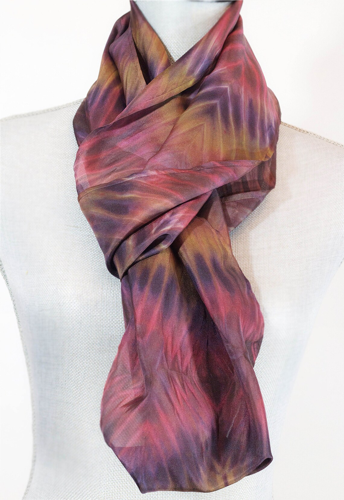 Silk shibori scarf: hand dyed infinity circle plums & golds. | Etsy