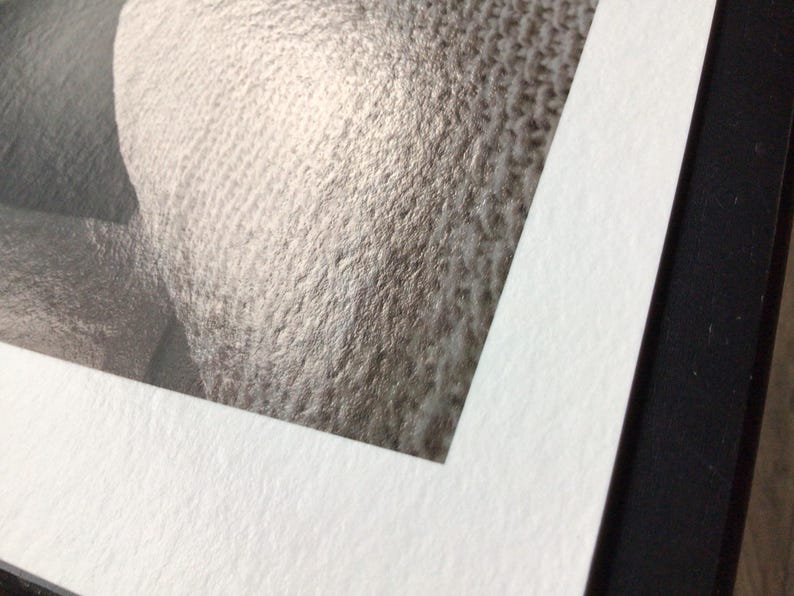 May include: Close-up of a framed photograph. The image features a textured, light-colored surface, possibly fabric or a similar material. The frame is black, and the matting is white, creating a contrast with the image.