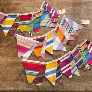 Deckchair Rainbow,reversible, nautical striped Seaside bunting, Beach Hut chic, camper van brightly coloured fabric on natural cotton tape.