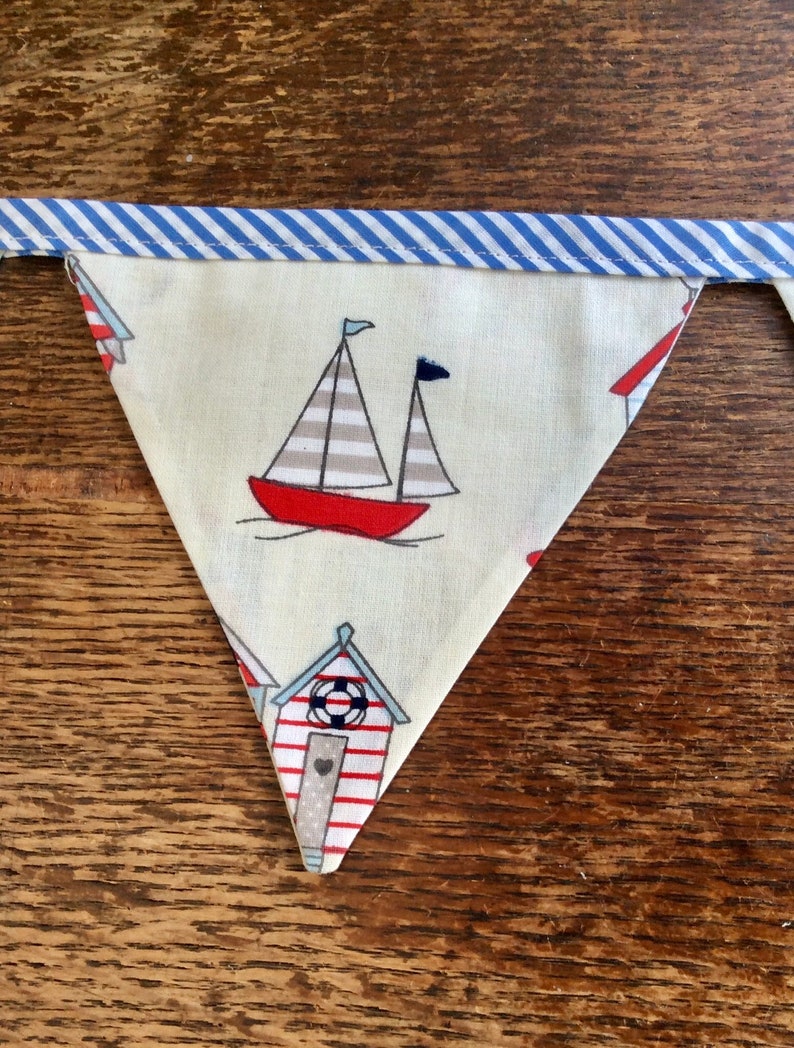 Beach hut and Yacht fabric Bunting on Nautical, Blue striped Bias Tape, holiday, beach hut, glamping, festival bunting. image 5