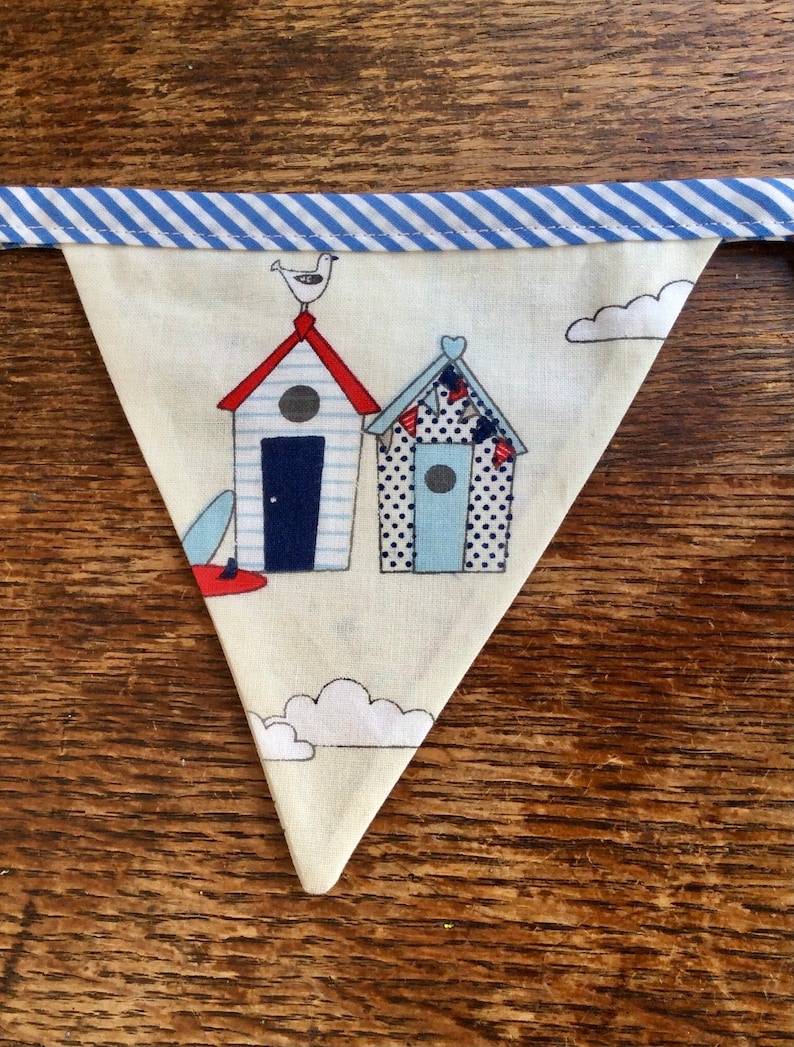 Beach hut and Yacht fabric Bunting on Nautical, Blue striped Bias Tape, holiday, beach hut, glamping, festival bunting. image 6