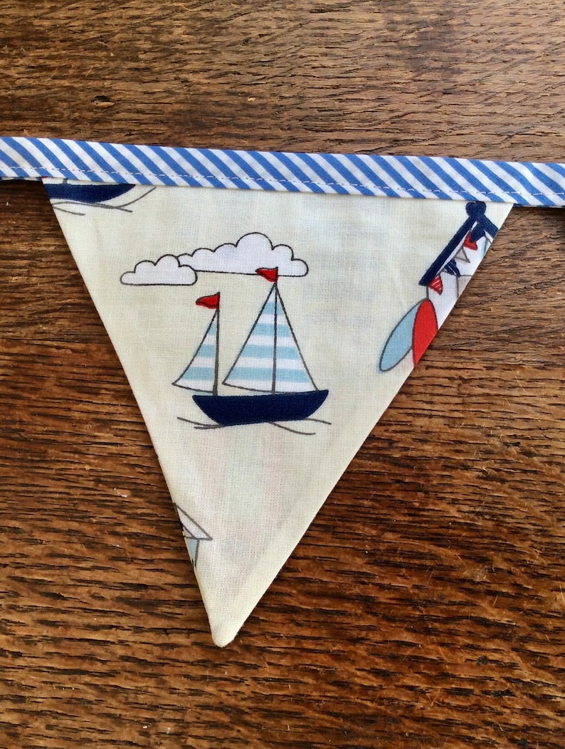 Beach hut and Yacht fabric Bunting on Nautical, Blue striped Bias Tape, holiday, beach hut, glamping, festival bunting. image 7