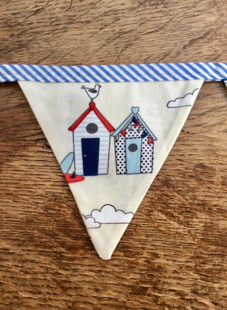 Beach hut and Yacht fabric Bunting on Nautical, Blue striped Bias Tape, holiday, beach hut, glamping, festival bunting. image 8