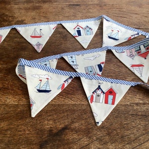 Beach hut and Yacht fabric Bunting on Nautical, Blue striped Bias Tape, holiday, beach hut, glamping, festival bunting. image 9