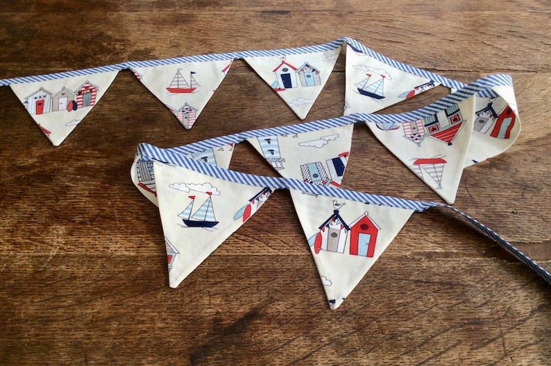 Beach hut and Yacht fabric Bunting on Nautical, Blue striped Bias Tape, holiday, beach hut, glamping, festival bunting. image 9