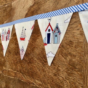 Beach hut and Yacht fabric Bunting on Nautical, Blue striped Bias Tape, holiday, beach hut, glamping, festival bunting. image 3