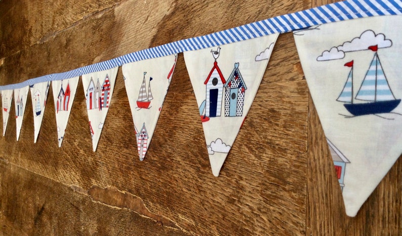 Beach hut and Yacht fabric Bunting on Nautical, Blue striped Bias Tape, holiday, beach hut, glamping, festival bunting. image 3