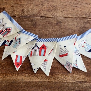 Beach hut and Yacht fabric Bunting on Nautical, Blue striped Bias Tape, holiday, beach hut, glamping, festival bunting. image 1