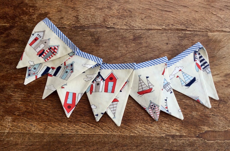 Beach hut and Yacht fabric Bunting on Nautical, Blue striped Bias Tape, holiday, beach hut, glamping, festival bunting. image 1