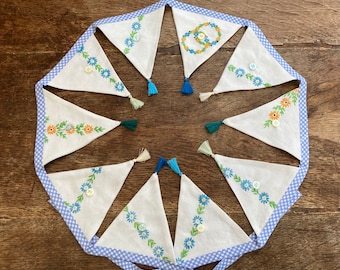 Vintage Linen Table Cloth Bunting Hand embroidered flowered Wedding Decoration, Afternoon Tea Colourful Tassels and cute buttons on blue.