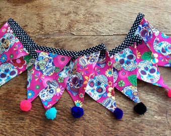 Sugar Skull Fabric Bunting, Pink Pom Pom Garland