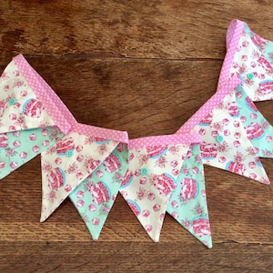 Tea-Party,Cupcake fabric with frosting and cherries Mother’s Day bunting, Garland, Tea Party hanging with  pink & blue buttons.