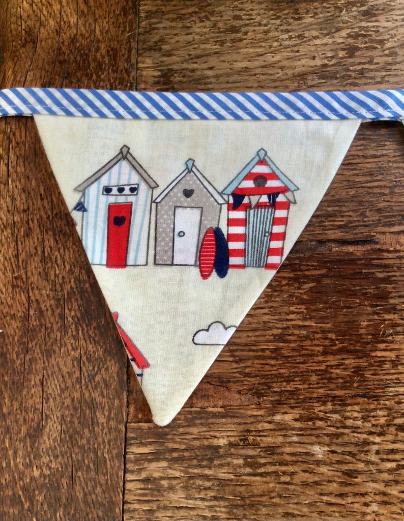 Beach hut and Yacht fabric Bunting on Nautical, Blue striped Bias Tape, holiday, beach hut, glamping, festival bunting. image 4