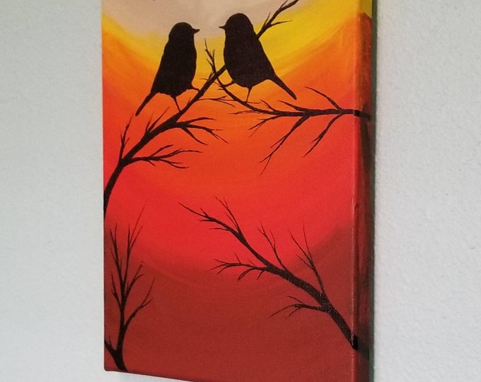 Original Acrylic painting on canvas, Sunset love birds, Birds on a tree ...