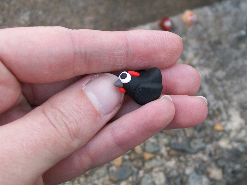 May include: A small black bird figurine with red accents and white eyes. The figurine is made of clay and is being held in a person's hand.