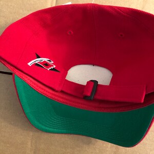 May include: Red baseball cap with a green underside and a black and white logo on the front. The logo is a stylized hand with a lightning bolt.