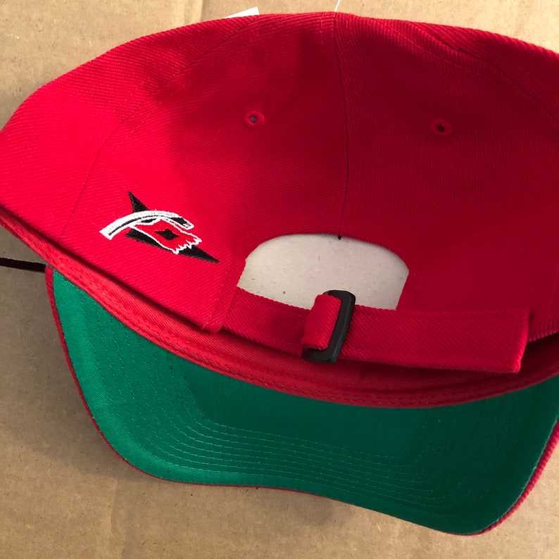 May include: Red baseball cap with a green underside and a black and white logo on the front. The logo is a stylized hand with a lightning bolt.