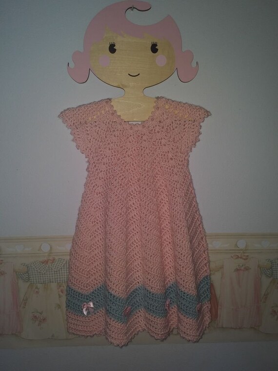 Soft-Pink and Light Blue Work Together to Make Up this CROCHET TODDLER DRESS Adorned with Sweet Pink Bows and Beads!