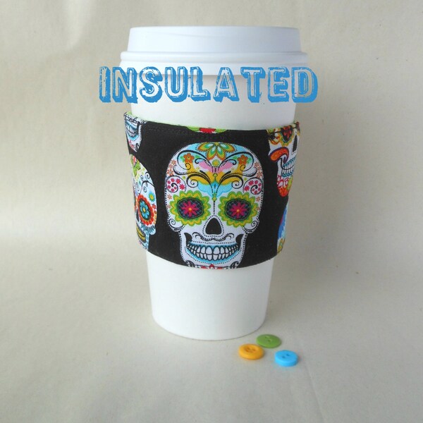 Sugar skull drink cozy, Day of the Dead coffee sleeve, Dia de Los Muertos, Insulated hot cold fabric beverage cooler, Family celebration