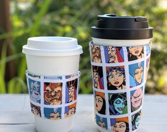 Disney Villains coffee cozy sleeve, iced tea, cold brew cup hugger Cold cup cozy, Insulated hot drink or cold beverage holder,